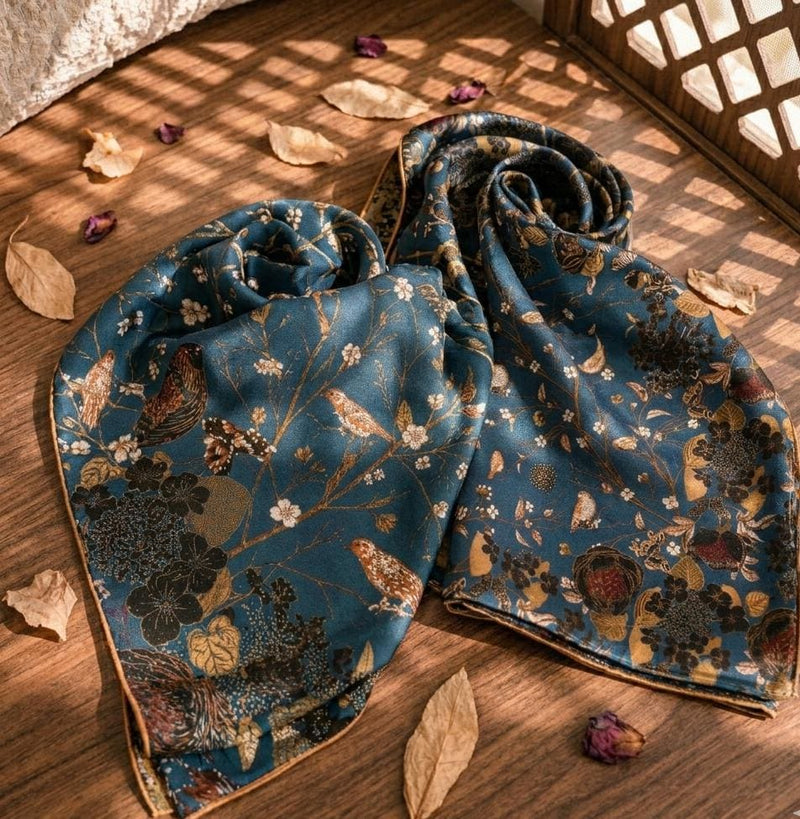 Midnight blue bird and floral silk scarf draped on a wooden surface.