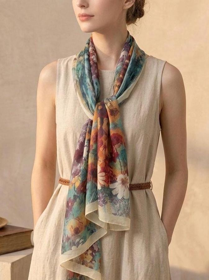 Teal Orange Floral Silk Wrap — image 4