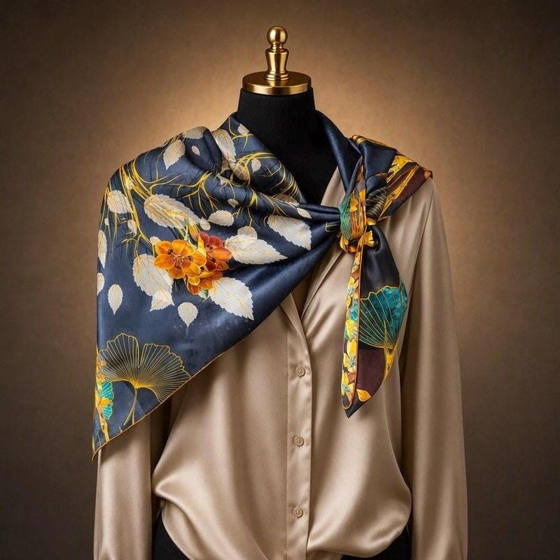 Slate-blue botanical silk scarf draped over a mannequin’s shoulders, showing gold blossoms and teal leaves.