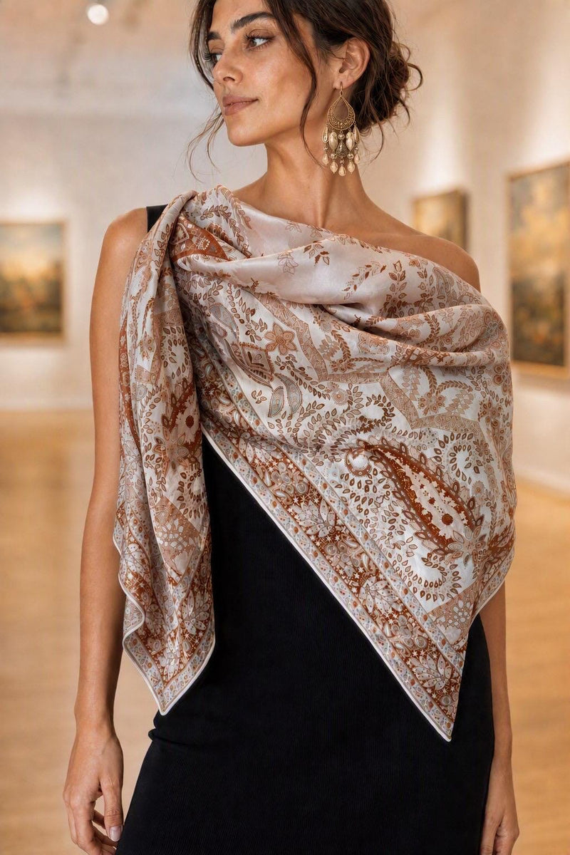 Terracotta and cream floral silk square worn across the shoulders over a black dress.