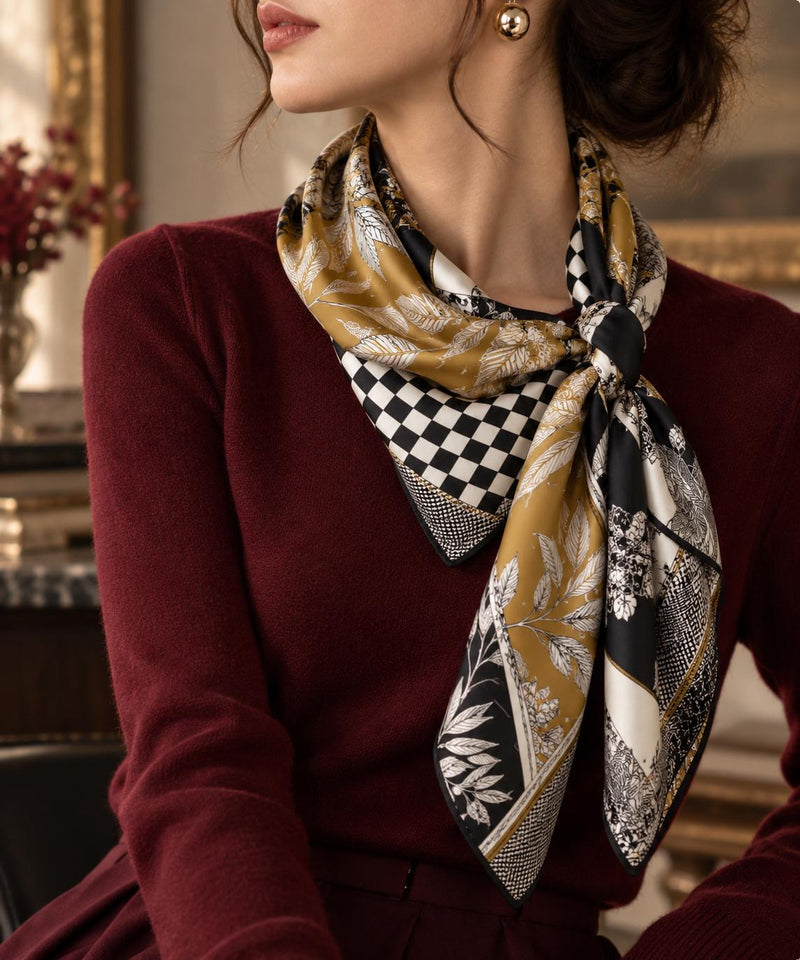 Black, ivory and gold-toned panel-print silk scarf tied at the neck over burgundy knitwear.