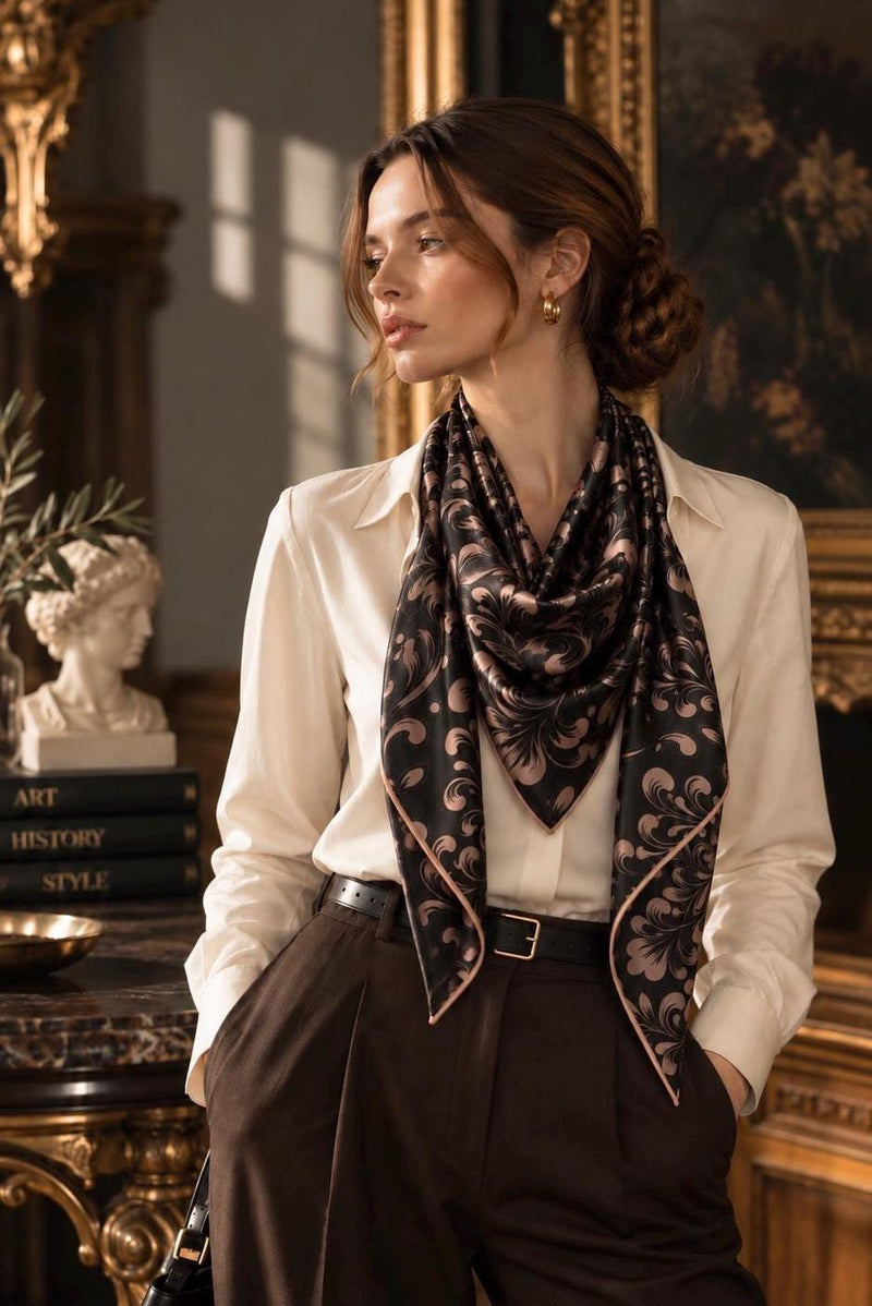 Black scarf with rose-gold-toned scrolling motifs worn at the neck with a cream blouse.