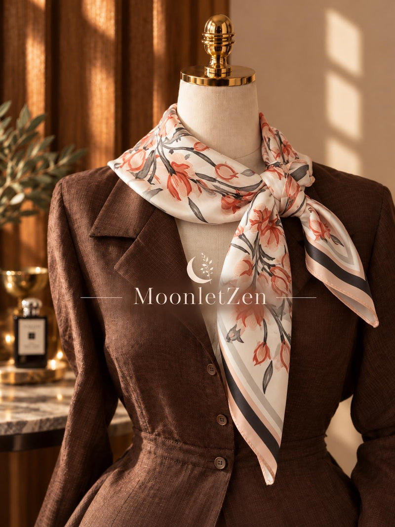 Ivory silk square scarf with muted coral, blush, grey and charcoal floral motifs.