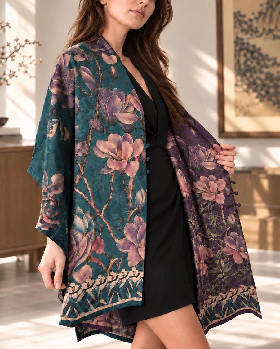 Teal and plum magnolia-print reversible silk shawl draped over a woman’s shoulders, showing both sides.