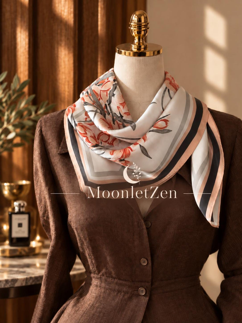 Ivory Coral Floral Silk Square Scarf