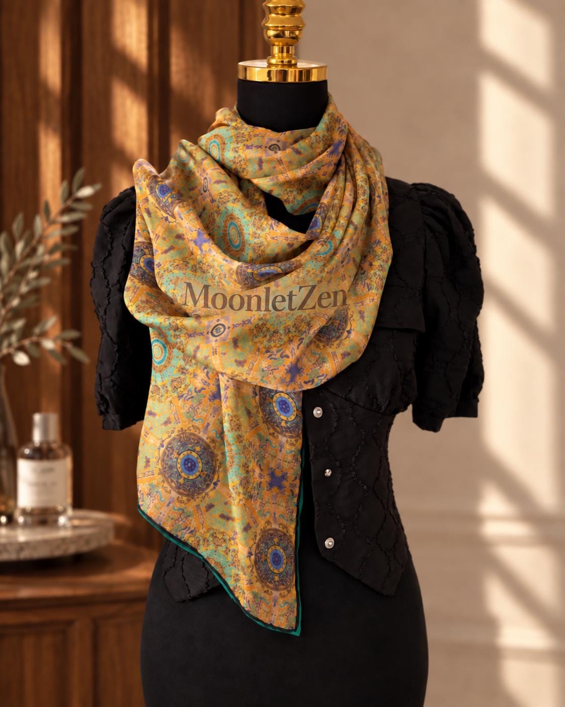 Mustard-gold silk wrap with teal, turquoise, violet and blue ornamental medallions.