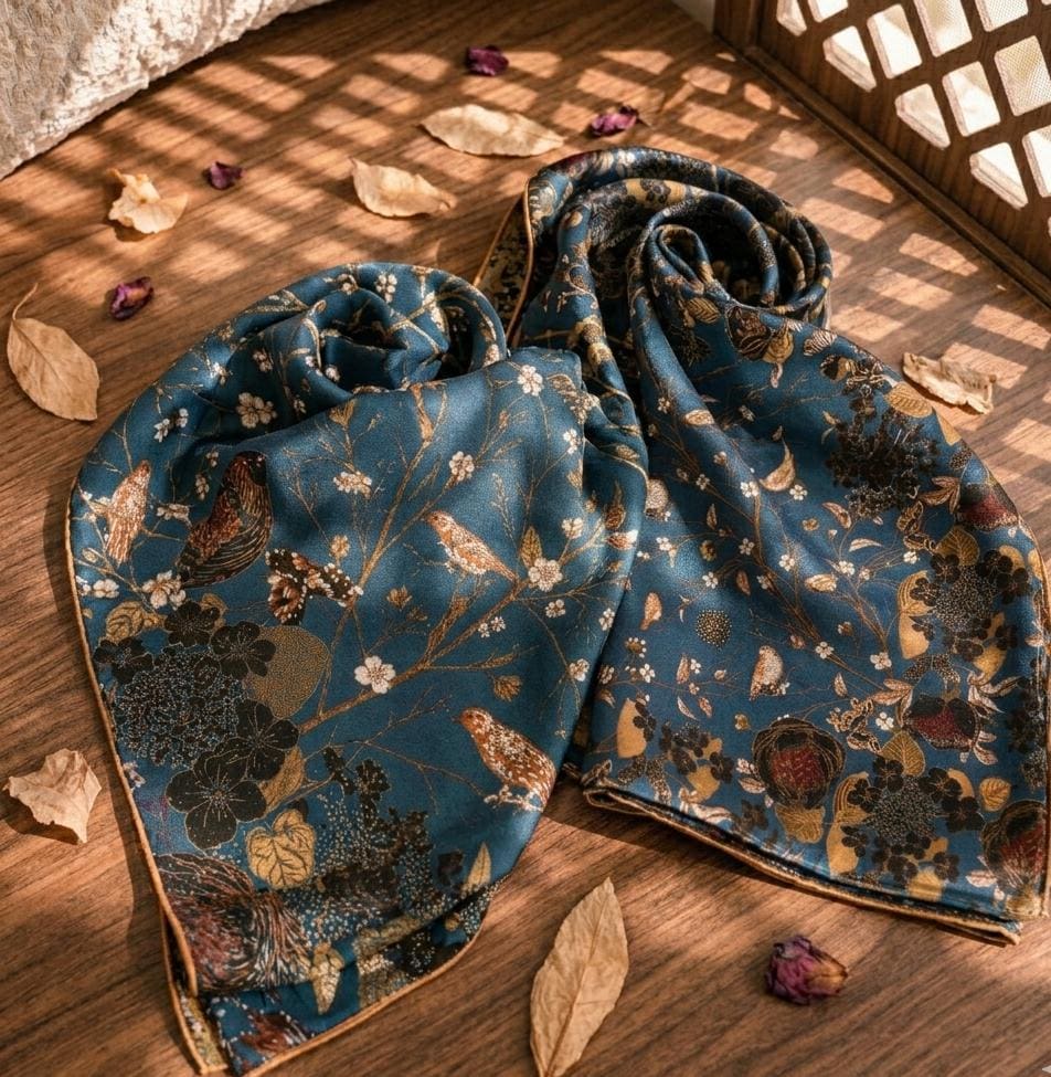Midnight blue bird and floral silk scarf draped on a wooden surface.