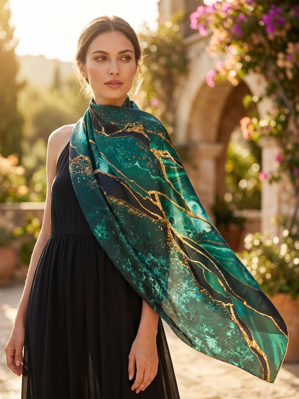 Green and teal silk scarf with gold-toned pattern details worn over a black dress.