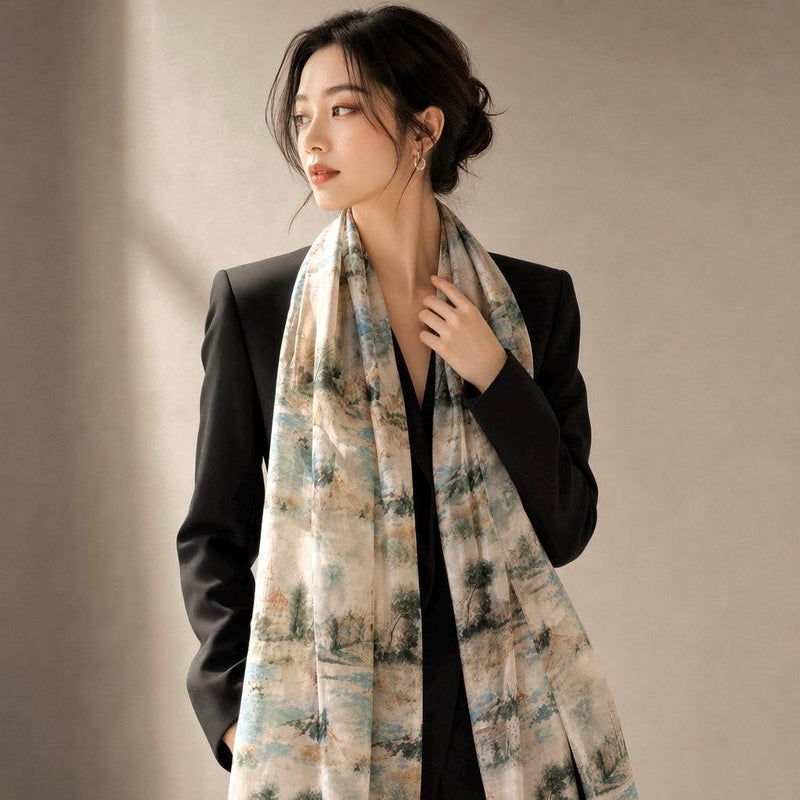 Muted green and beige landscape silk wrap worn long over a black blazer.