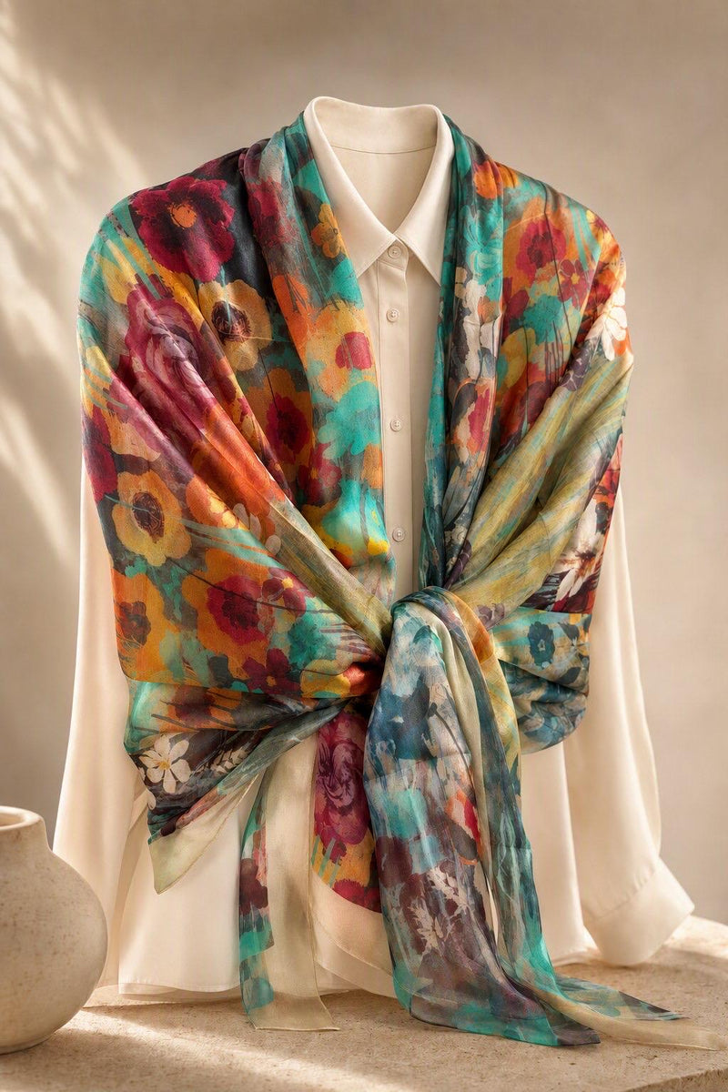 Teal, orange and plum floral silk wrap tied across a mannequin’s shoulders over a white blouse.