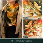 Reversible silk scarf collage showing a neck styling and contrasting floral patterns labelled Side A and Side B.
