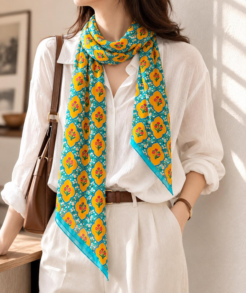 Teal and mustard floral long silk scarf worn loosely over a white shirt.