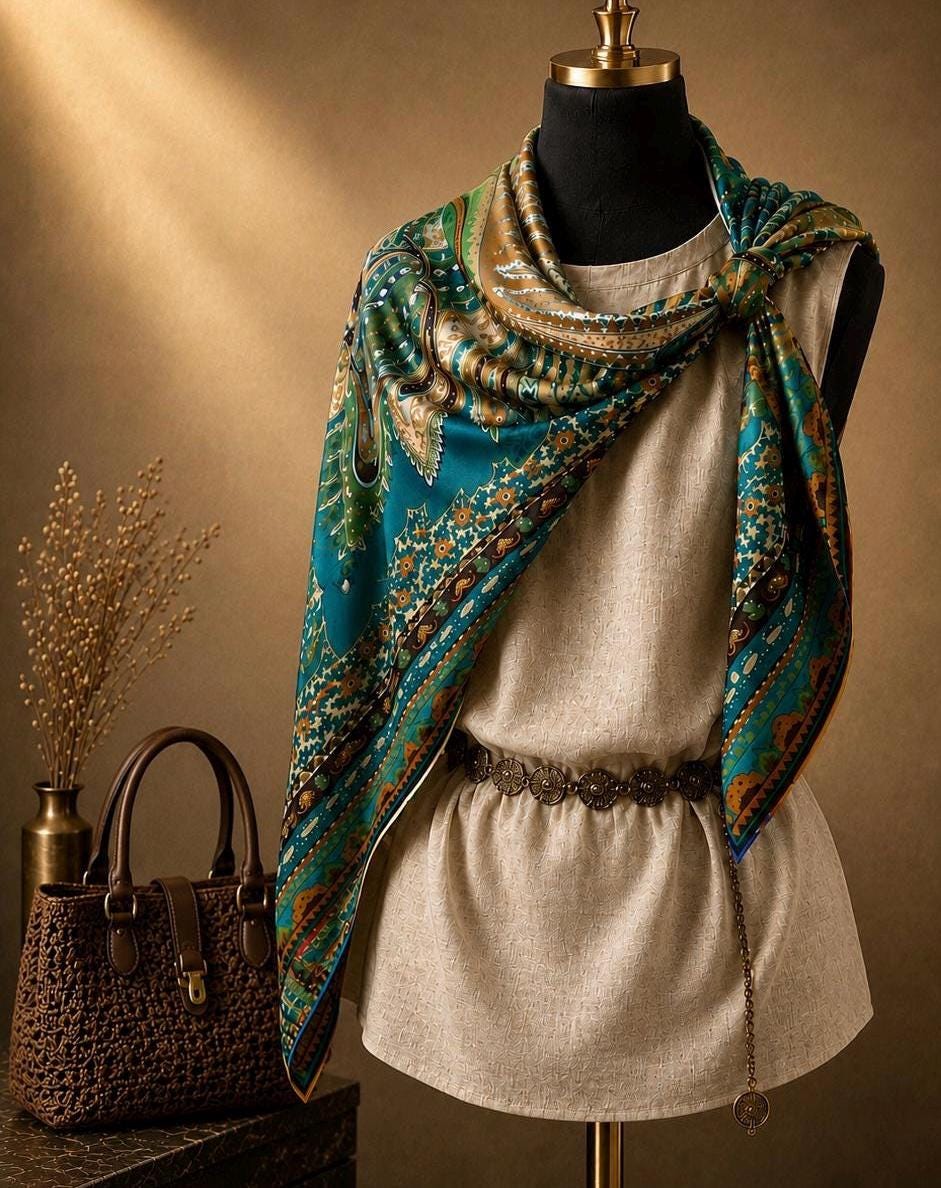 Teal and amber ornamental silk square draped diagonally over a mannequin’s shoulders.