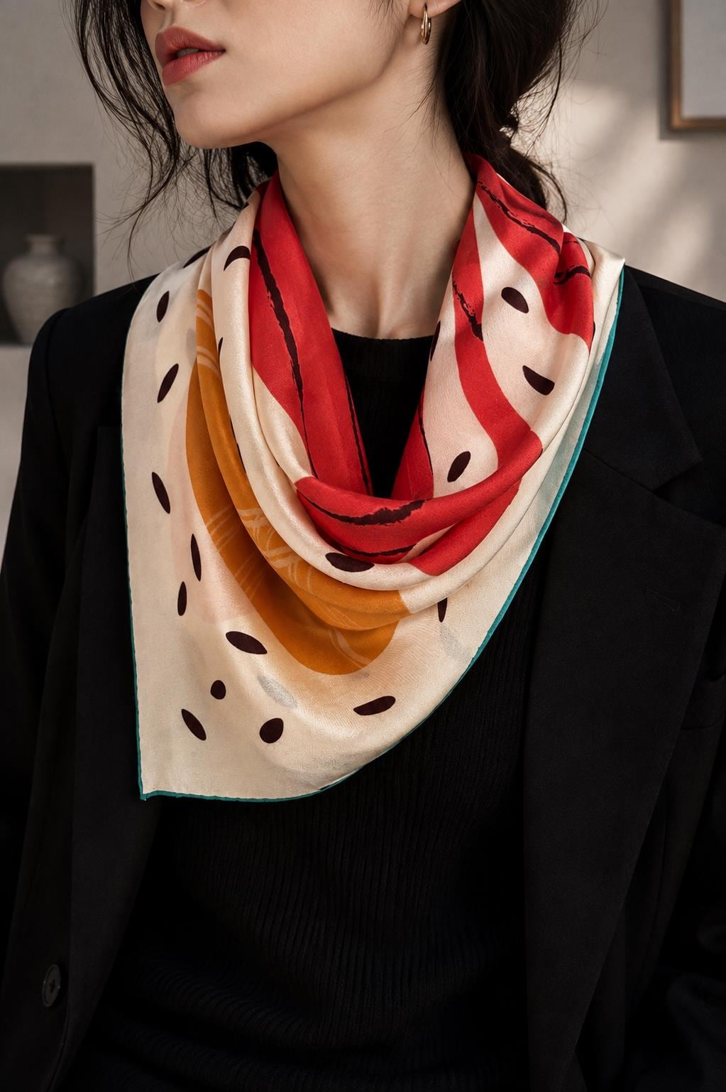 Ivory, coral-red and ochre silk scarf with a teal edge worn over black clothing.