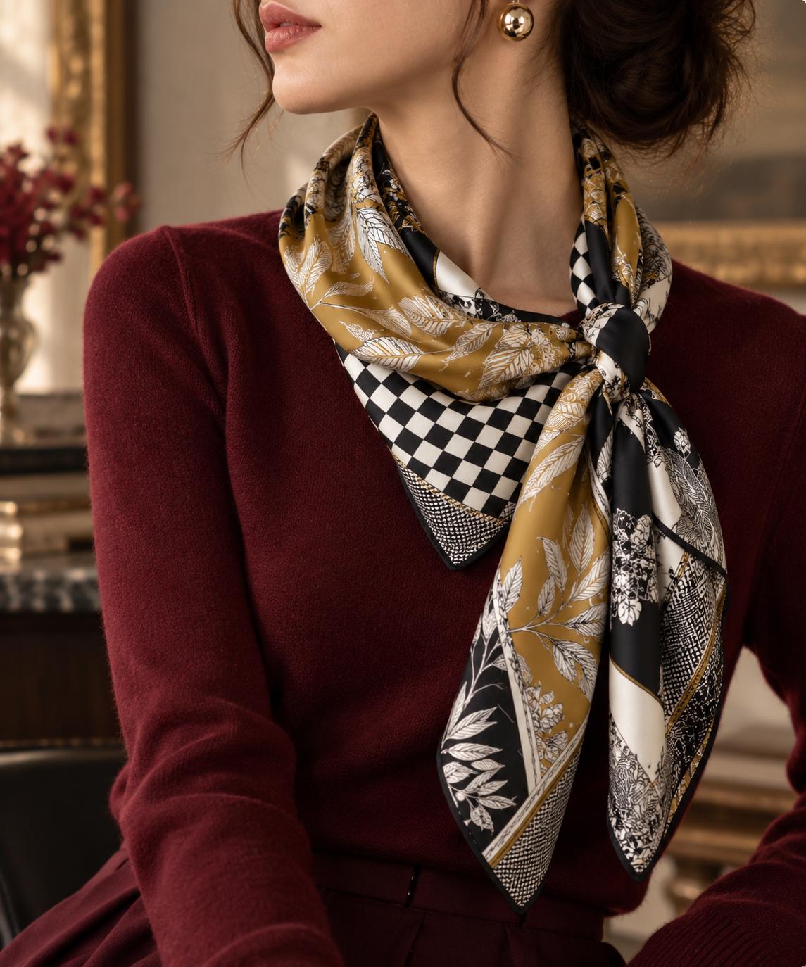 Black, ivory and gold-toned panel-print silk scarf tied at the neck over burgundy knitwear.