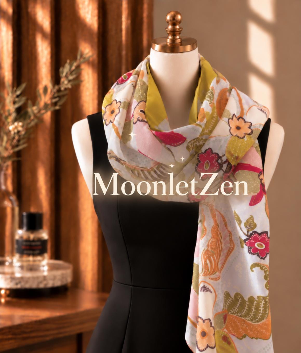 Botanical long silk scarf in olive, chartreuse, blush, ochre and deep red with a chartreuse border.
