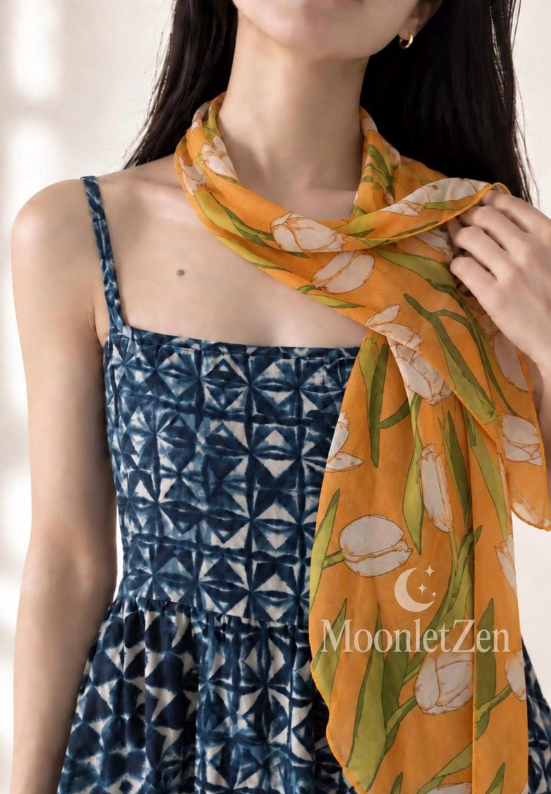 Tulip-print mulberry silk georgette long scarf with a softly sheer drape.