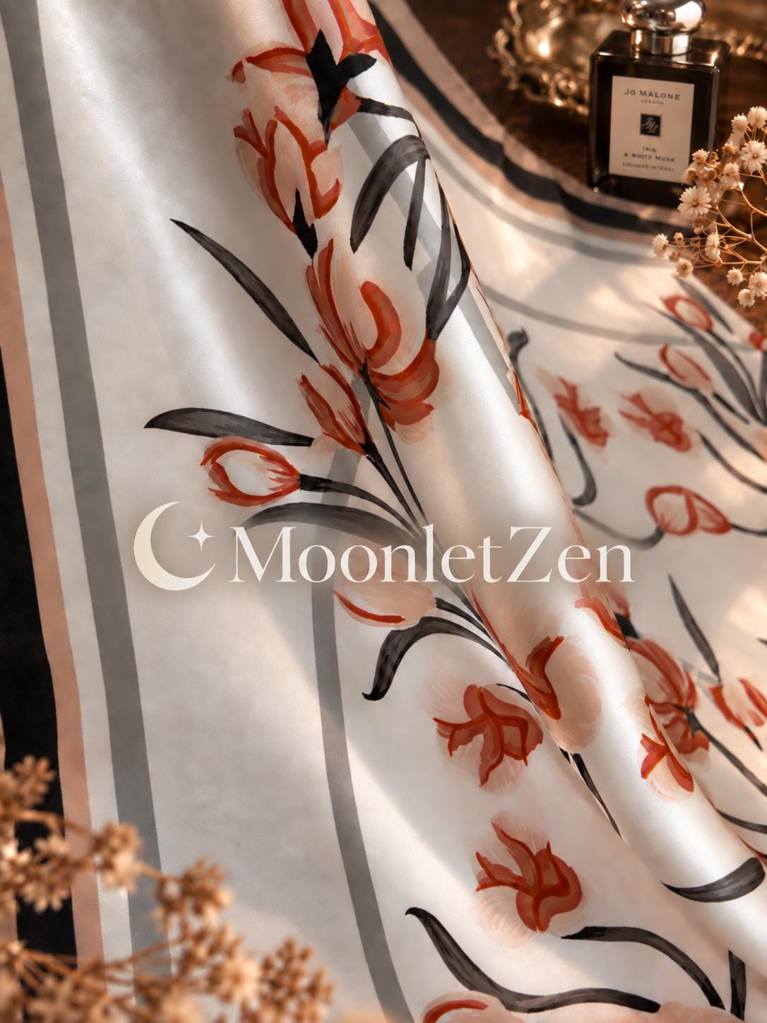 Ivory Coral Floral Silk Square Scarf
