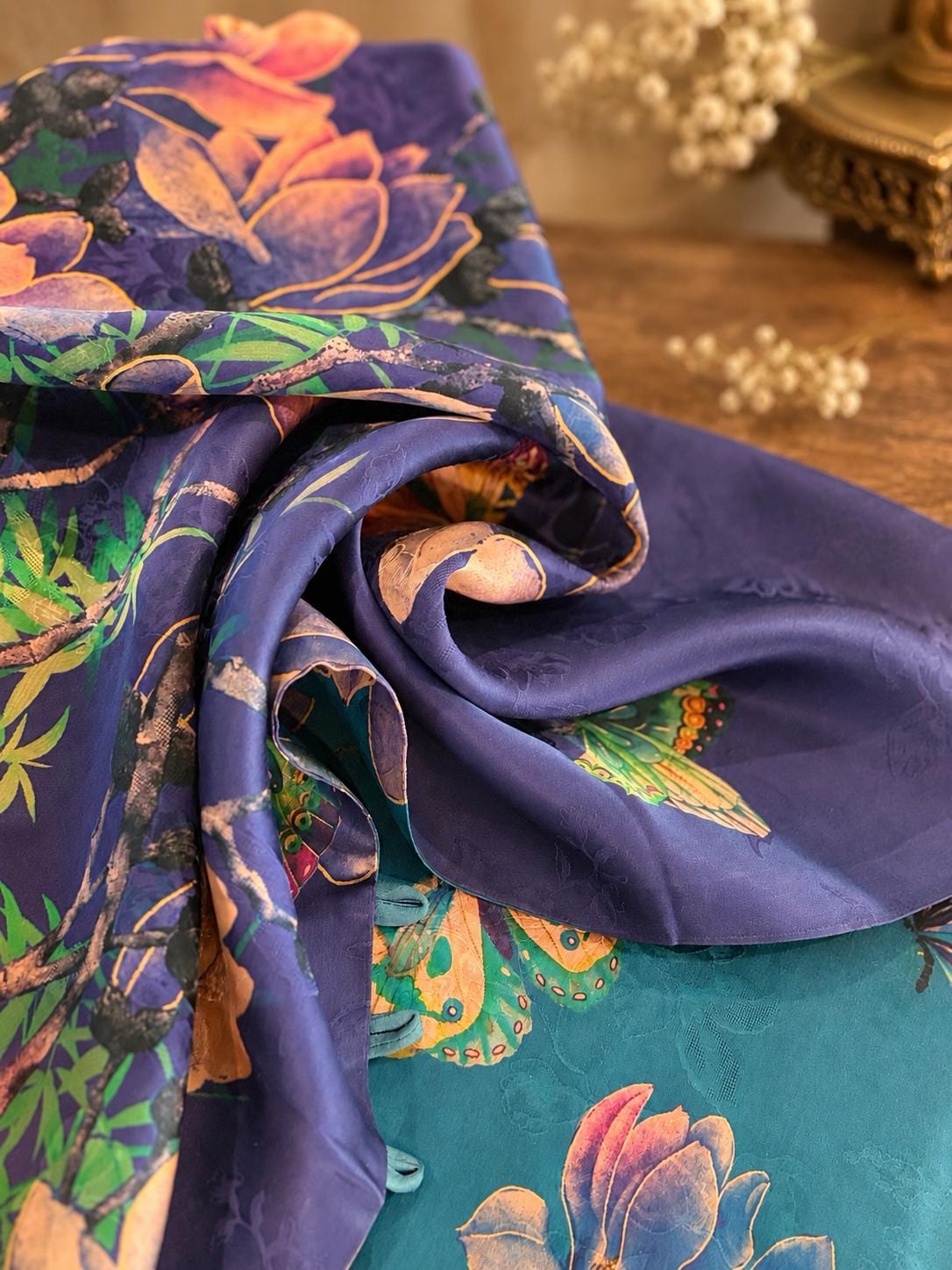 Reversible Magnolia Butterfly Silk Shawl