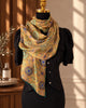 Mustard-gold silk wrap with teal, turquoise, violet and blue ornamental medallions.