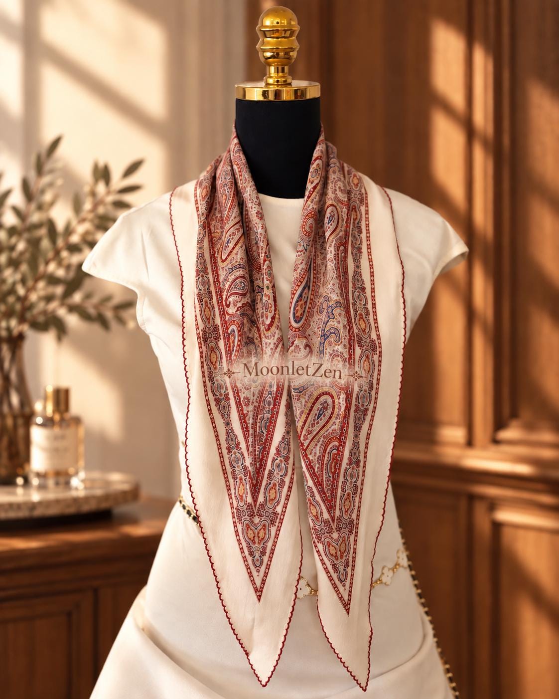 Burgundy paisley diamond-shaped silk scarf with ivory, muted blue and gold details.