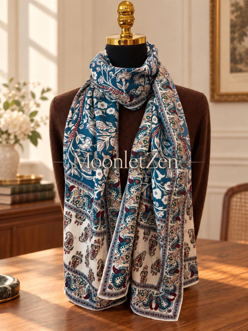 Teal-blue lily-of-the-valley silk wool scarf draped around a mannequin over a burgundy jacket.